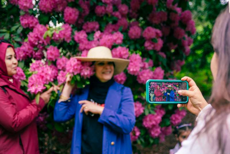 Two muslim women pose in front of a rhododendron bush