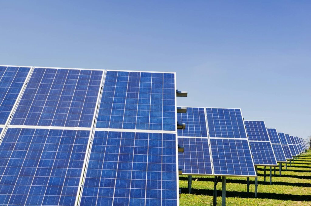 An array of solar panels on grass with blue sky in the background